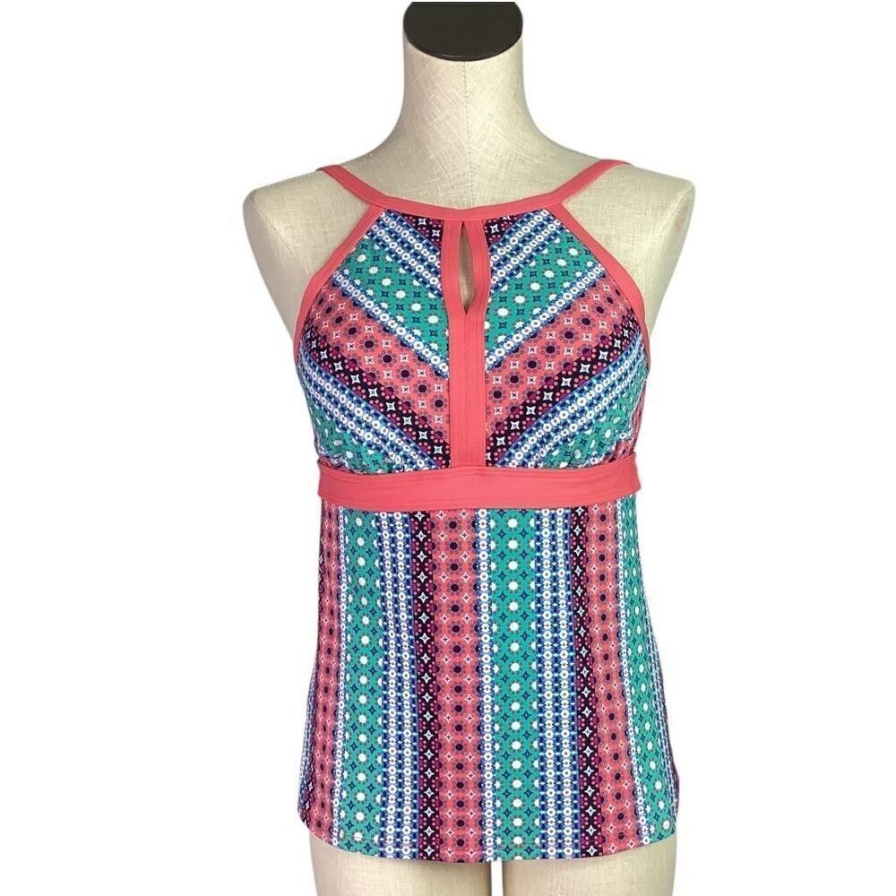 Lands End Swim Tankini Top Womens 8 Orange Blue Geometric Keyhole High Neck